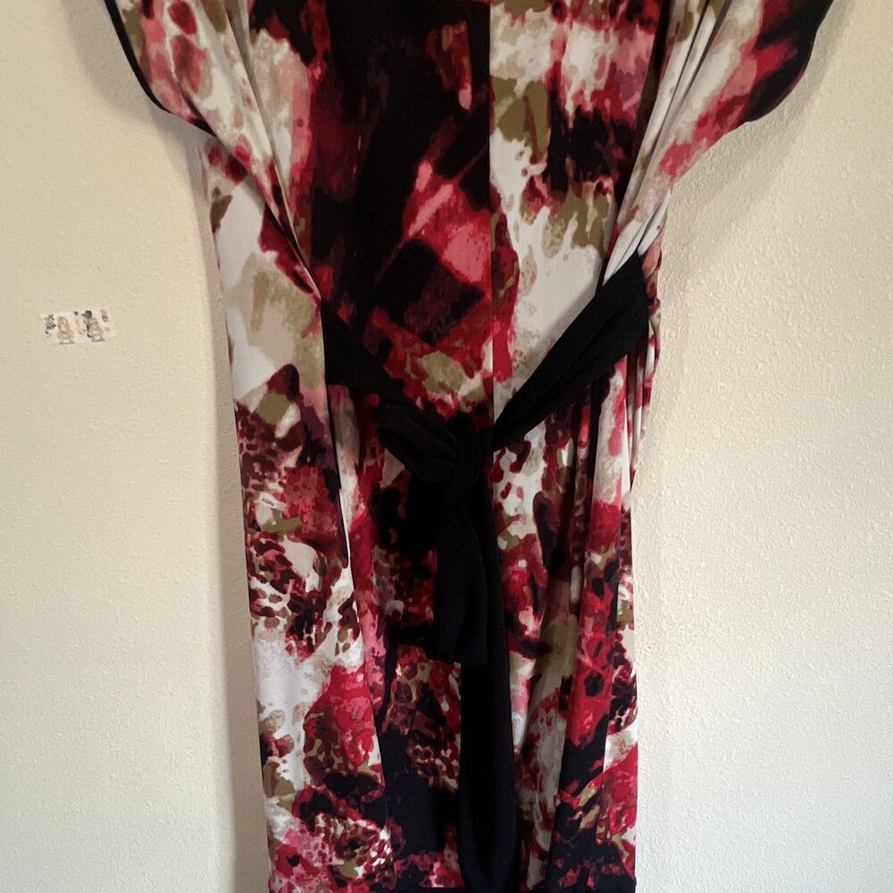 Calvin Klein Women’s XL Sheath Dress Abstract Red Black White Tie Waist - Picture 5 of 6